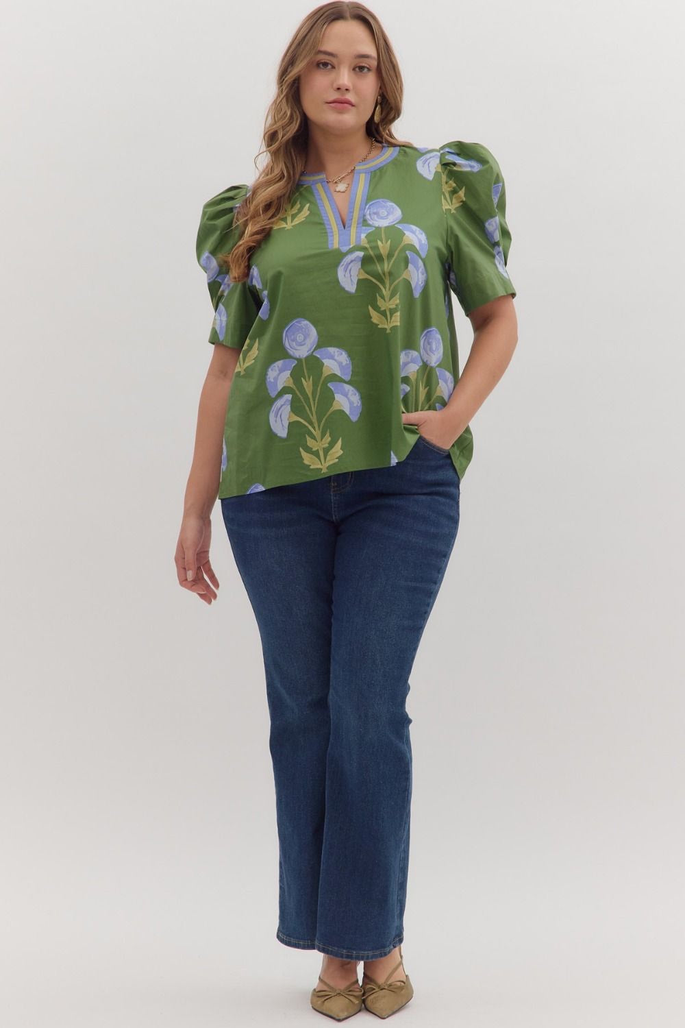 Green Floral Plus Top