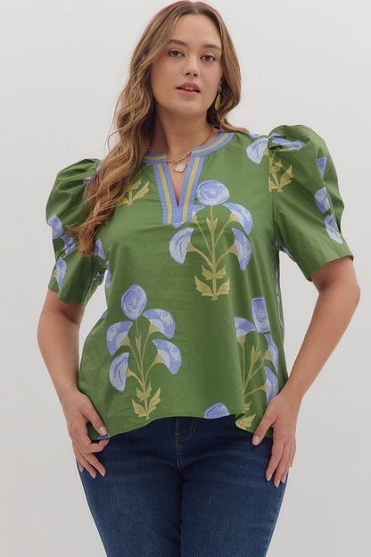 Green Floral Plus Top