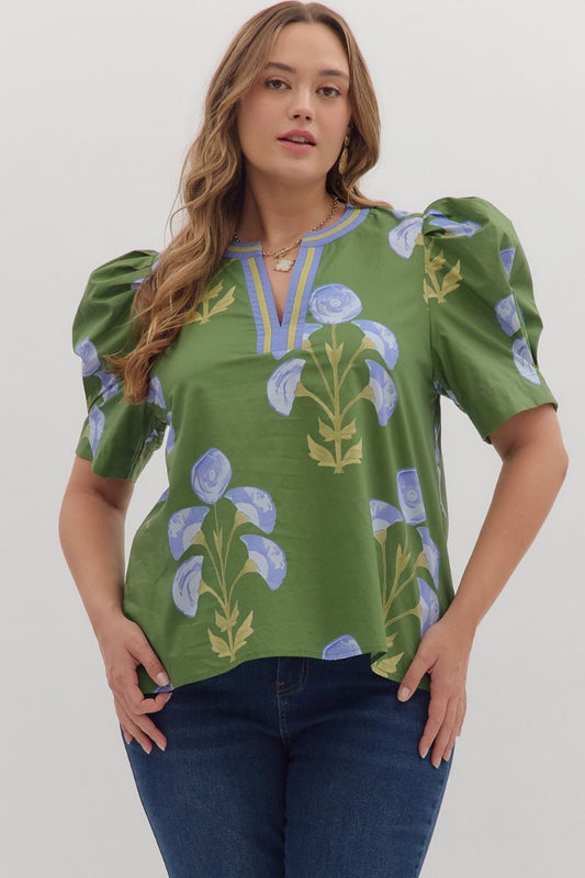 Green Floral Plus Top